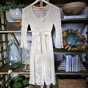 90's Cynthia Steffe Cream Crochet Knit Midi Dress With Satin Bow Belt Sz S Y2K